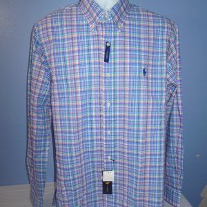 Men Ralph Lauren Stretch Blue Pink Green White Plaid Long Sleeve Shirt L NWT